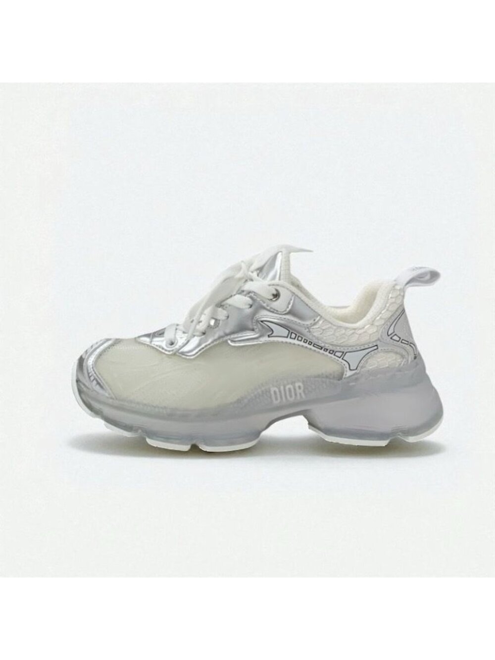 Christian Dior Sneakers Shoes Leather Rubber Silver White Logo Mesh - Picture 3 of 9